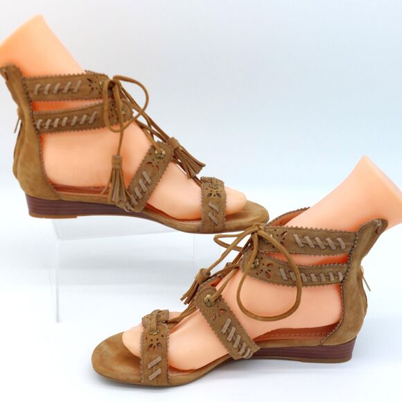 Coach Gladiator Women's Wedge Sz 7B Brown Suede Sandals Natural Hobo Chic Hippie - Picture 5 of 11